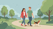 © Hanifer - Happy young couple walking their beagle dog on a leash in a sunny public park during a summer day