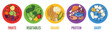 © MintPixel Lab - Healthy food groups on colorful plates vector showing balanced diet nutrition set