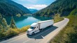 © Kristina - Big white semi truck drives along road by lake with green trees on a sunny day