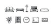 © Hubba Bubba - Household furniture doodle icon set. Minimalist home decor elements in sketched outline.
