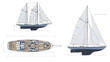 © Stock Image Paradise - Detailed vehicle autocad blueprint of a sailboat from multiple viewpoints showcasing its design and layout
