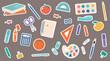 © Lena Palamarchuk - Cute school supplies stickers set with books, pencil, scissors, ruler, calculator, paint and fruit on brown background. Flat cartoon education illustration for back to school design and print.