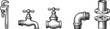 © Silent Soul - 'Vintage-style plumbing tool and fitting icon collection featuring pipe wrench, faucet, gate valve, elbow joint, and flange connectors for repair and engineering projects'
