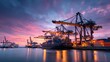 © MAGNIFIER - Next generation shipping industry automation robotics crew displacement productivity increase ethical challenge focus on whimsical Manipulation backdrop industrial harbor at twilight.