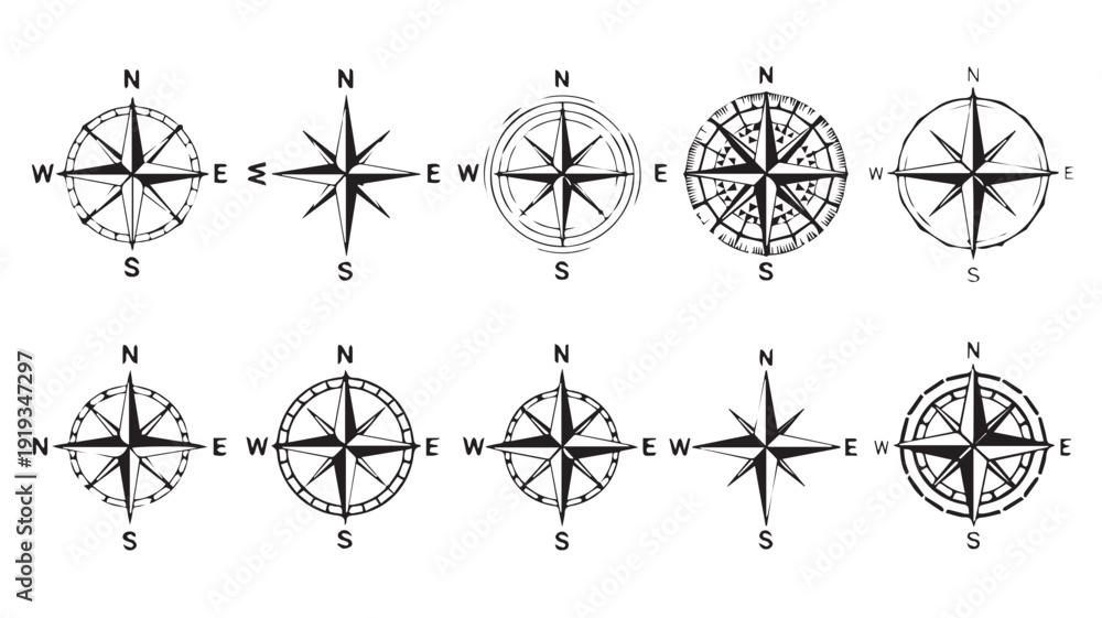 Map Style Compass Vector collection of navigation compass roses, featuring different ...