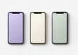 © Pen - Three smartphones, pastel-colored displays, floating on a white surface, flat lay