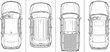 © Mehedi - Set of four different car top view line art illustrations including sedan, suv, and pickup truck for architectural parking plan,