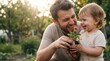 © Artem Zatsepilin - happy caucasian father and toddler son holding young flower plant with soil in garden. family gardening and nature care. teaching child about environment. banner, website header with copyspace.