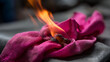© Laura - Fabric burning closeup, textile fire, material combustion, cloth ignition, fiber damage, flammable material hazard, with copy space