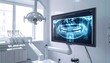 © Alfi - Dental clinic with a monitor displaying a 3D X-ray image of teeth on the wall near a dental chair and equipment
