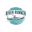 © duding - River Runner Logo Depicting Kayaker Paddling on Water with Waves and Shield.