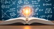 © NaVin - Illuminating knowledge and ideas A glowing lightbulb hovers above an open book on a blackboard background with mathematical formulas