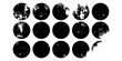 © Selviana - Grunge circles with stains and scratches. Circle brush stroke, round shape design element. Distressed dirty text frame, border, sticker or label. Paintbrush, ink stains. Modern Vector