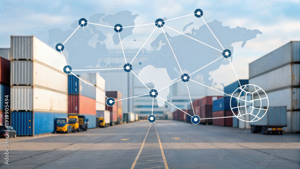 Shipping containers at a port with a digital overlay of a world map and ...