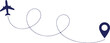 © Hosneara - Airplane flying on dotted line flight path with loops toward a destination location pin icon for travel tourism logistics and global transportation concepts