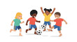 © Ikhbal - Four happy diverse children playing soccer together on a white background, enjoying a fun game outdoors.