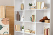 © Pixel-Shot - Bookshelf with decor and plant in room