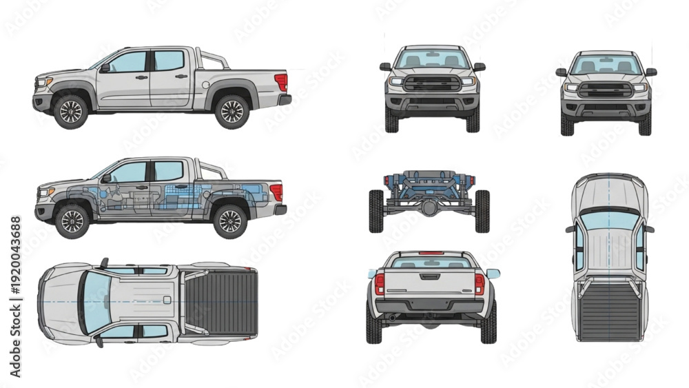 Detailed vehicle autocad blueprint designs of a pickup truck from ...