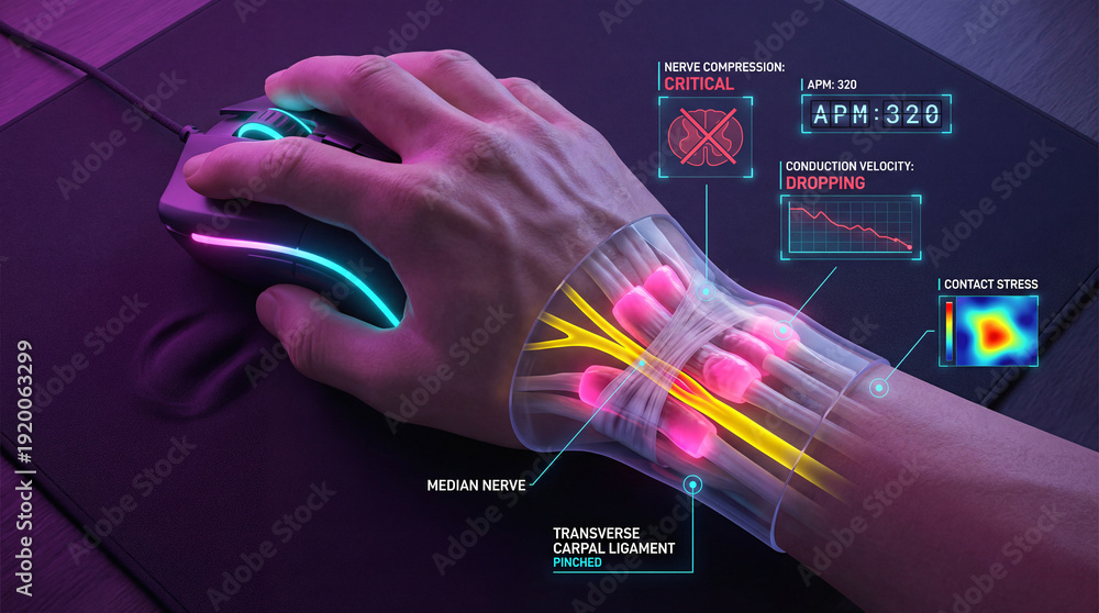 Carpal Tunnel Syndrome concept: Gamer hand on mouse with digital scan ...