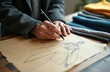 © Vadym - Person sketches fashion design on paper with pencil. Fabrics in various colors are stacked nearby. The designer works on a new clothing creation at a desk.