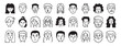 © Yanka - Characters faces avatars set collection doodle hand drawn icon. Outline drawing people head line clipart symbol.