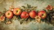 © Sinechana - 20.Artistic fruit and flower composition in repeating format, vibrant apples contrasted with subdued foliage and a soft worn background creating depth and warmth