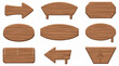 © HeLLo WorLd - Rustic Wooden Signboard and Arrow Vector Set featuring a variety of timber planks, hanging boards, and directional arrows with realistic wood grain, perfect for outdoor signage and vintage branding.