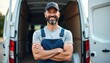 © Pete - Smiling bearded man in blue overalls and cap stands arms crossed by open white van. He looks like a delivery driver or craftsman ready for work. Service vehicle with cargo space.
