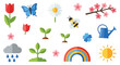 © tr - A vibrant collection of spring-themed icons including flowers, plants, a butterfly, a bee, a watering can, a rainbow, and weather elements like rain and sun.