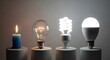 © fayshal - Evolution of lighting technology displayed with a burning candle, incandescent bulb, compact fluorescent lamp, and modern LED bulb, showcasing progress and energy efficiency.