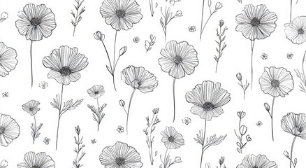 Naklejka na meble Elegant Hand-Drawn Monochromatic Floral Seamless Pattern with Delicate Wildflowers Sketch.