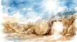 © W.O.W - The empty tomb of Jesus Christ with a rolled-away stone and bright light emanating from inside, symbolizing resurrection and new life, for Easter celebration.
