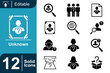 © dhearr - Set of 12 Solid Icons Representing Unknown People, Identity Verification, Search, and Mystery for Digital and Print Use