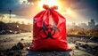 © Sintyastudio - A FlyPro Firefly Red biohazard containment bag with a secure tie closure, captured in a high-resolution photographic style under stark, direct light, symbolizing hazardous material management.