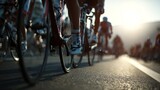 Close-up of Cyclists Pedaling Hard on a Shallow Depth of Field Road at Sunset