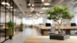 © Yanka - Serene bonsai displayed on dark pot adjacent open passageway ambiance. Calm atmosphere with bonsai in black container situated on wooden slab near corridor in modern lounge setting