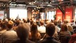 © Oleh - Diverse crowd of people attending an educational seminar or corporate presentation, focusing on the speaker on stage with a blurred screen in the background