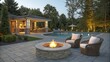 © ArtStock - Evening backyard scene with fire pit. Cozy outdoor setting, patio furniture around fire. Warm lighting creates relaxing ambience