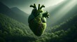 © PixelPulse - Lush Green Heart Symbolizing Nature's Vitality Amidst Misty Mountains