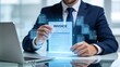 © Jieun - Businessman holding digital invoice document,online billing and electronic paperwork management concept with virtual document processing system