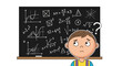 © narastockimages - Young boy looking confused at a blackboard filled with complex mathematical equations and graphs, symbolizing study challenges