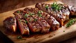 © Korawan - A steak is cut into four pieces and is sitting on a wooden cutting board