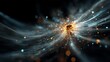 © Роберт Гастон - Glowing sphere of compressed golden particles explodes outward with fiber optic trails against dark fluid background, visualizing data transmission acceleration, energy release, and quantum network