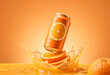 © AI Entertainment - Lattina di aranciata con schizzo di succo fresco e fette di arancia su sfondo arancione