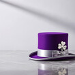 © satyamanav - Elegant Purple Top Hat with Silver Shamrock on Luxury Marble Background. Modern St. Patrick's Day Style Featuring Purple Leprechaun Hat and Copy Space.