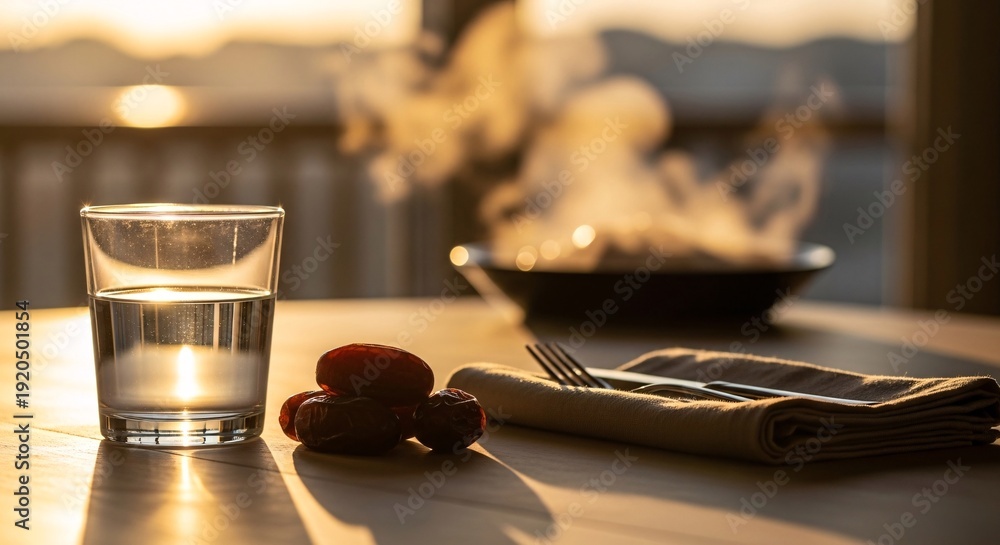 Glass of water with dates on table at sunset, for Ramadan and Eid Ul ...