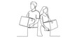 © Rimi Kailash Arts - Continuous line drawing of a young couple standing back to back while carrying cardboard boxes Vector, illustration
