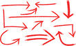© haroon - Set of red hand-drawn brushstroke arrows featuring a grunge texture for highlighting pointing and navigation design elements. vector illustration