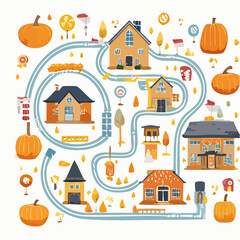  Autumnal village road map illustration with pumpkins and cozy houses