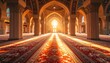 © Naufal - Dramatic sunlight illuminates a grand mosque prayer hall with intricate Islamic architecture and red carpets.